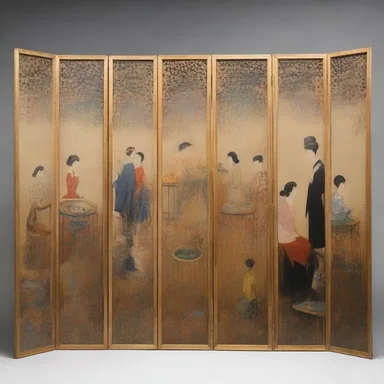The artist used a decorative screen to separate the different sections of his painting and create depth.