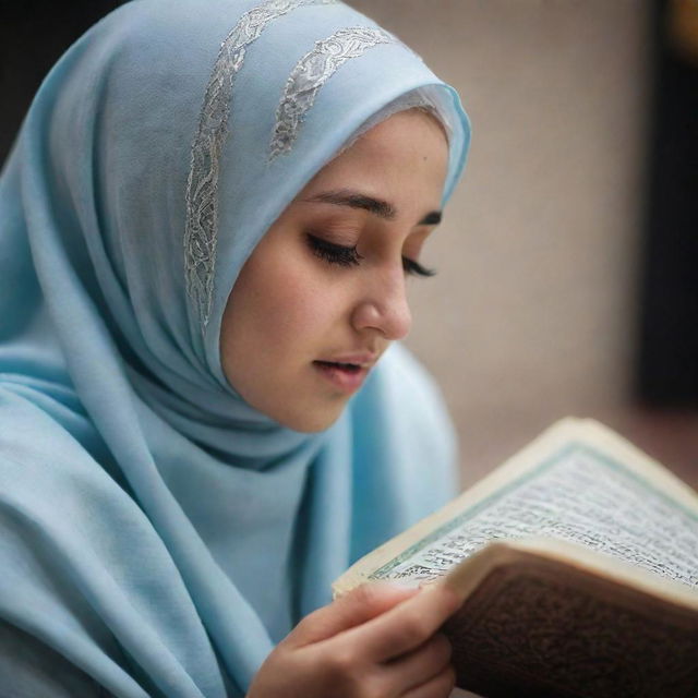 A girl in a hijab, tears streaming down her face, reverently picking up a Quran to pray. It's a solemn scene filled with devotion, a deep respect for her faith evident.