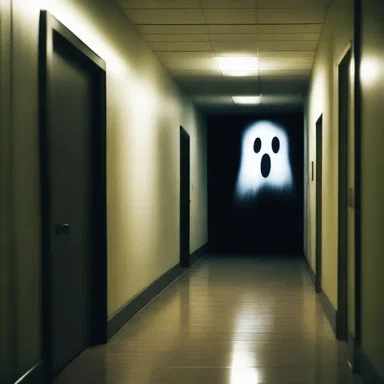 As the characters walked through the dark corridor, a ghostly face suddenly appeared on the screen, causing them to scream in terror.