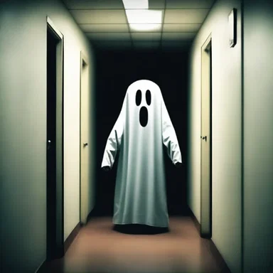 As the characters walked through the dark corridor, a ghostly face suddenly appeared on the screen, causing them to scream in terror.