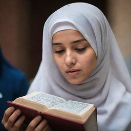 A girl in a hijab, tears streaming down her face, reverently picking up a Quran to pray. It's a solemn scene filled with devotion, a deep respect for her faith evident.