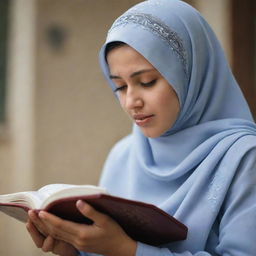 A girl in a hijab, tears streaming down her face, reverently picking up a Quran to pray. It's a solemn scene filled with devotion, a deep respect for her faith evident.