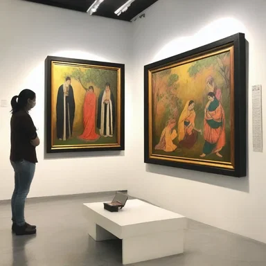 The paintings displayed on the screen at the art exhibition captivated the audience with their beauty.