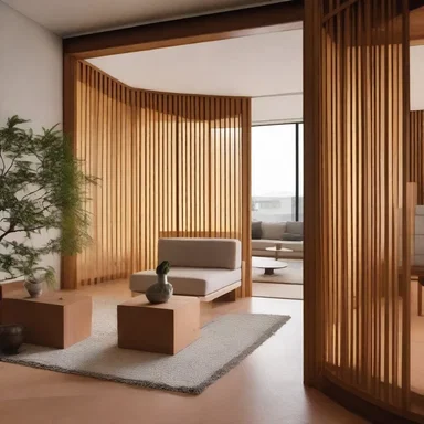 The room was designed with a beautiful wooden screen that separated the living area from the dining area.