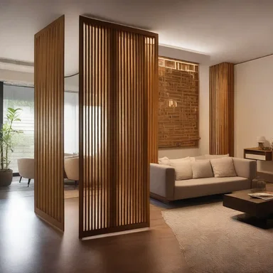 The room was designed with a beautiful wooden screen that separated the living area from the dining area.