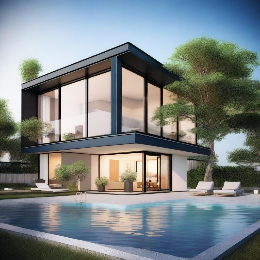 Create a stunning render of a modern and contemporary sustainable villa with solar panels and a tree