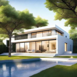 Create a stunning render of a modern and contemporary sustainable villa with solar panels and a tree