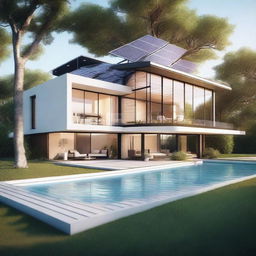 Create a stunning render of a modern and contemporary sustainable villa with solar panels and a tree