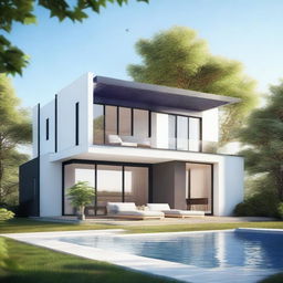 Create a stunning render of a modern and contemporary sustainable villa with solar panels and a tree