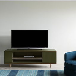 A living room with a dark green wooden television unit and sea blue furniture