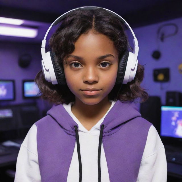 Animated Studio Ghibli style image of a young girl with dark skin, dark brown eyes, and wavy dark hair parted in the middle. She is wearing a half-black, half-white hoodie and black gaming headphones, in a purple gaming room.