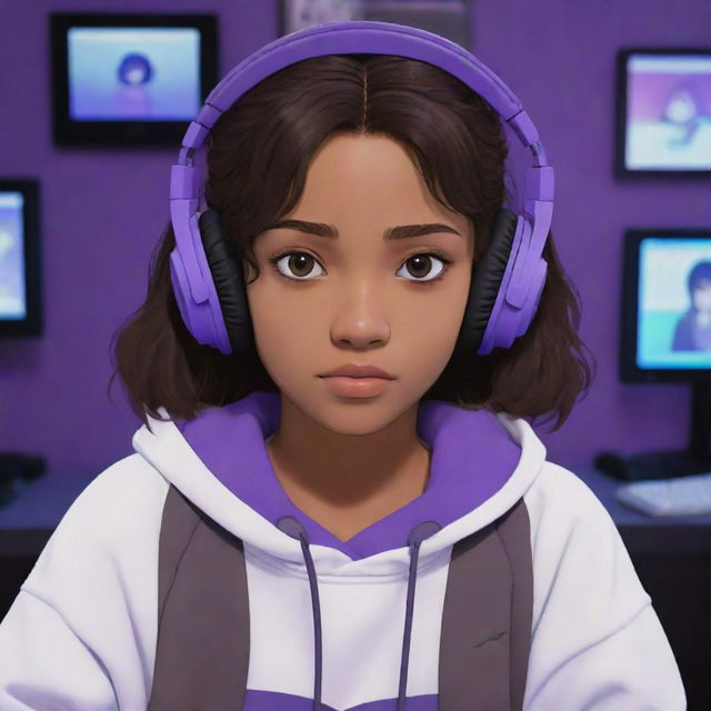 Studio Ghibli-style animated depiction of a young girl with brown skin, dark brown eyes, and dark, straight, middle-parted wavy hair. She's wearing a half black, half white sweatshirt and black gaming headphones, situated in a purple gaming room, engrossed in a computer game.