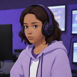 Studio Ghibli-style animated depiction of a young girl with brown skin, dark brown eyes, and dark, straight, middle-parted wavy hair. She's wearing a half black, half white sweatshirt and black gaming headphones, situated in a purple gaming room, engrossed in a computer game.