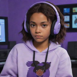 Studio Ghibli-style animated depiction of a young girl with brown skin, dark brown eyes, and dark, straight, middle-parted wavy hair. She's wearing a half black, half white sweatshirt and black gaming headphones, situated in a purple gaming room, engrossed in a computer game.