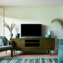 A living room with a dark green wooden television unit and sea blue furniture