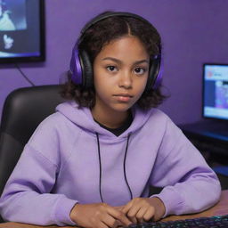 Studio Ghibli-style animated depiction of a young girl with brown skin, dark brown eyes, and dark, straight, middle-parted wavy hair. She's wearing a half black, half white sweatshirt and black gaming headphones, situated in a purple gaming room, engrossed in a computer game.