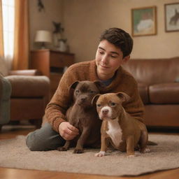 A Pixar-style scene featuring a Latin brunette boy and his brown brindle pitbull puppy in a warm and cozy setting.