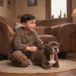 A Pixar-style scene featuring a Latin brunette boy and his brown brindle pitbull puppy in a warm and cozy setting.