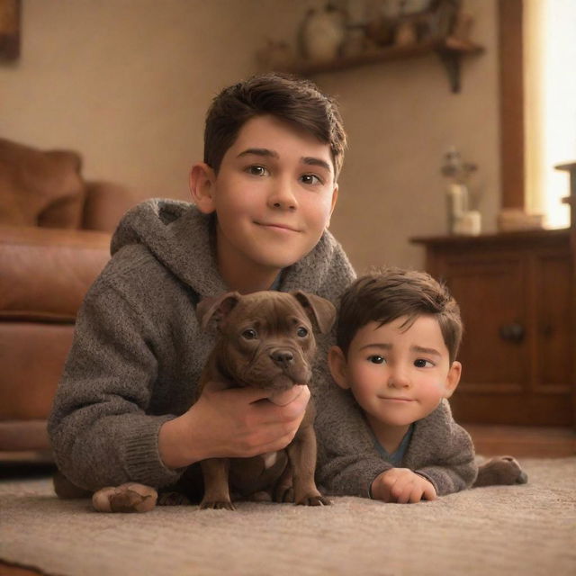 A Pixar-style scene featuring a Latin brunette boy and his brown brindle pitbull puppy in a warm and cozy setting.