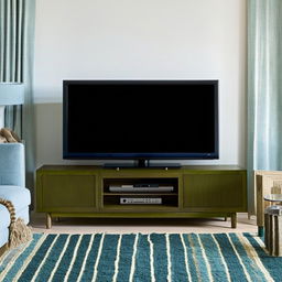 A living room with a dark green wooden television unit and sea blue furniture