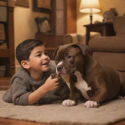 A Pixar-style scene featuring a Latin brunette boy and his brown brindle pitbull puppy in a warm and cozy setting.