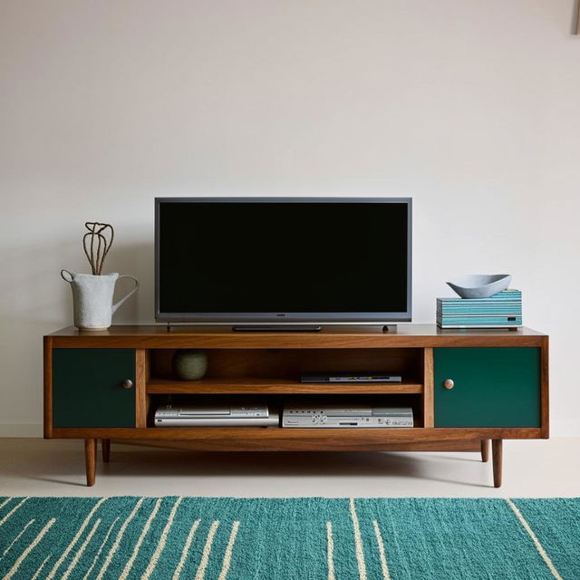 A living room with a dark green wooden television unit and sea blue furniture