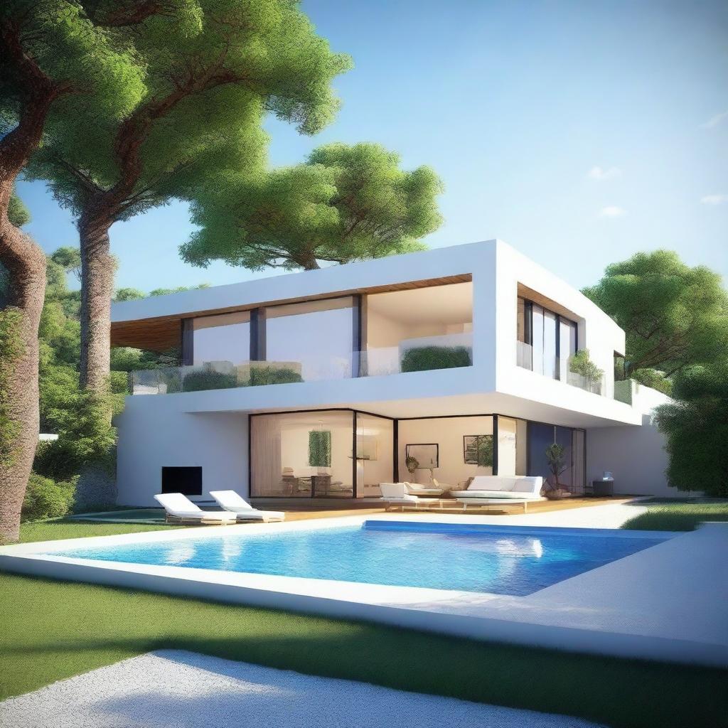 Create a stunning render of a modern and contemporary sustainable villa with solar panels and a tree