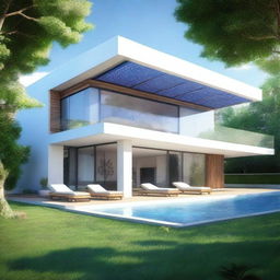 Create a stunning render of a modern and contemporary sustainable villa with solar panels and a tree