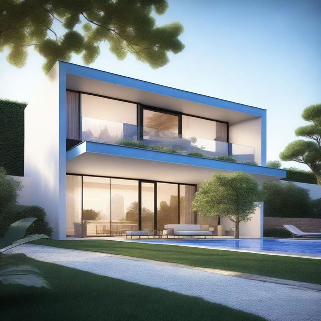 Create a stunning render of a modern and contemporary sustainable villa with solar panels and a tree