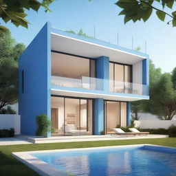 Create a stunning render of a modern and contemporary sustainable villa with solar panels and a tree