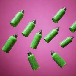 Multiple flying gas canisters suspended in the air against a striking fluorescent background adorned with mosaic patterns