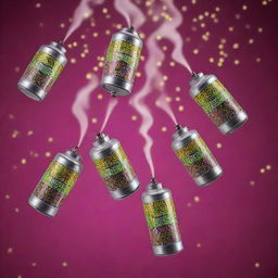 Multiple flying gas canisters suspended in the air against a striking fluorescent background adorned with mosaic patterns