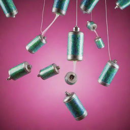 Multiple flying gas canisters suspended in the air against a striking fluorescent background adorned with mosaic patterns