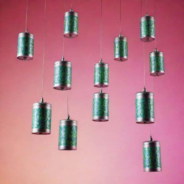 Multiple flying gas canisters suspended in the air against a striking fluorescent background adorned with mosaic patterns