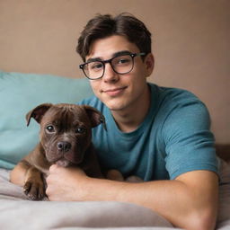 A Pixar-inspired image of a twenty-year-old Latin brunette boy with glasses, spending cozy time with his brown brindle pitbull puppy.