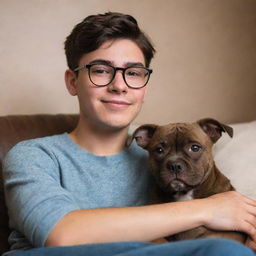 A Pixar-inspired image of a twenty-year-old Latin brunette boy with glasses, spending cozy time with his brown brindle pitbull puppy.