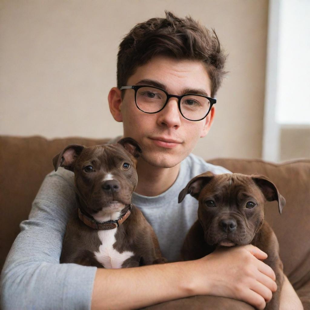 A Pixar-inspired image of a twenty-year-old Latin brunette boy with glasses, spending cozy time with his brown brindle pitbull puppy.