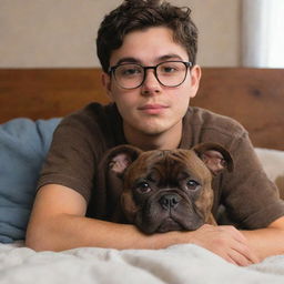 A Pixar-inspired image of a twenty-year-old Latin brunette boy with glasses, spending cozy time with his brown brindle pitbull puppy.