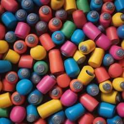 Numerous gas canisters scattered against a background exhibiting a rich blend of patterned, fluorescent hues