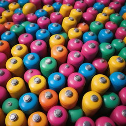 Numerous gas canisters scattered against a background exhibiting a rich blend of patterned, fluorescent hues