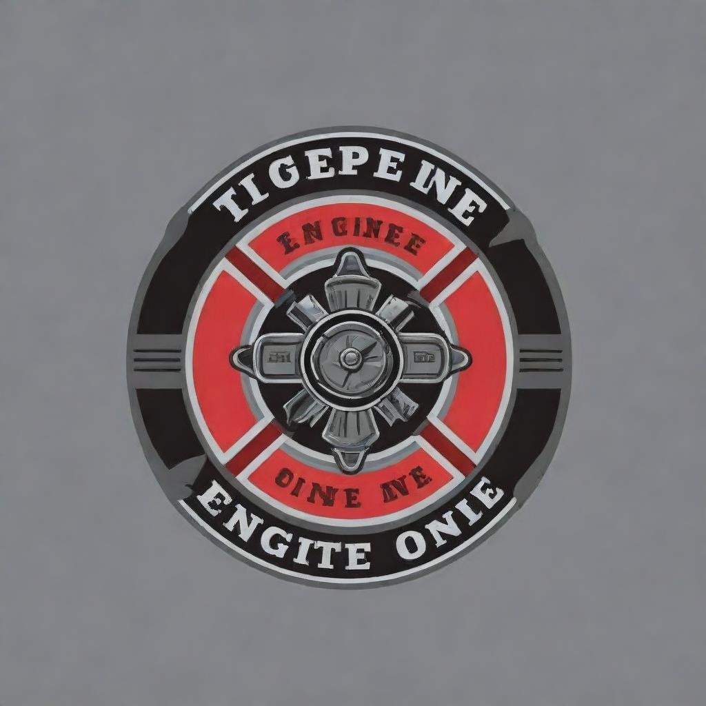 Design an eye-catching yet clean logo for 'Engine One'. Incorporate a fire fighter theme with elements of axe throwing, a target, a pool ball, and the brand's name. Use a color scheme of red, black, and grey.