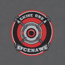 Design an eye-catching yet clean logo for 'Engine One'. Incorporate a fire fighter theme with elements of axe throwing, a target, a pool ball, and the brand's name. Use a color scheme of red, black, and grey.