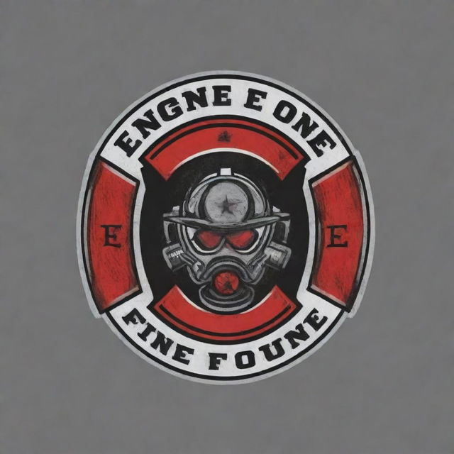 Design an eye-catching yet clean logo for 'Engine One'. Incorporate a fire fighter theme with elements of axe throwing, a target, a pool ball, and the brand's name. Use a color scheme of red, black, and grey.