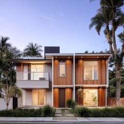 Generate an image of a two-story duplex bungalow with a modern aesthetic.