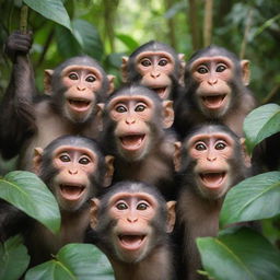 A group of joyful monkeys with grinning faces hanging out in a vibrant, lush jungle