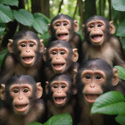 A group of joyful monkeys with grinning faces hanging out in a vibrant, lush jungle