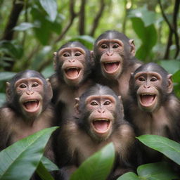 A group of joyful monkeys with grinning faces hanging out in a vibrant, lush jungle