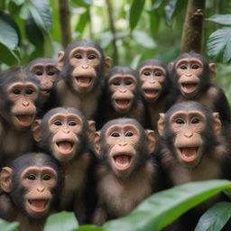 A group of joyful monkeys with grinning faces hanging out in a vibrant, lush jungle