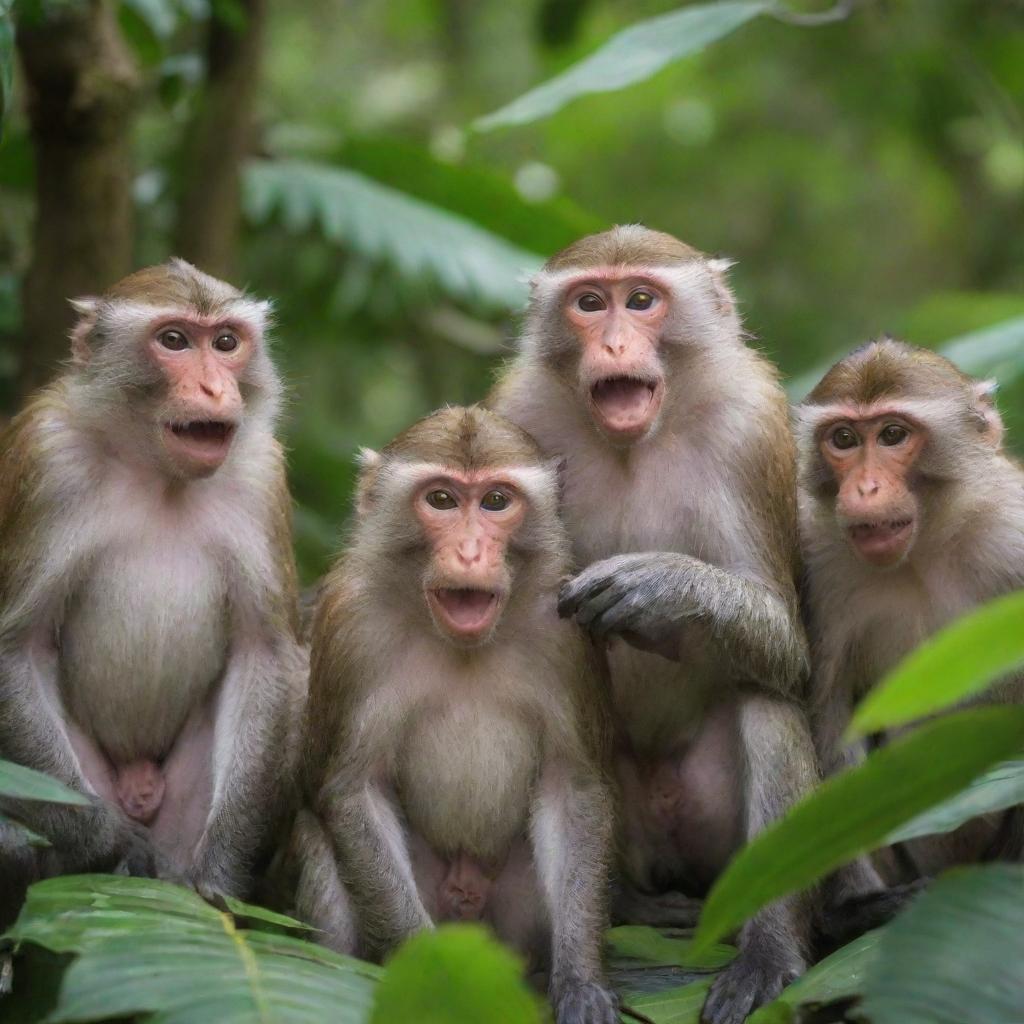 A troop of monkeys amusingly misbehaving, playing pranks on each other amidst tropical foliage