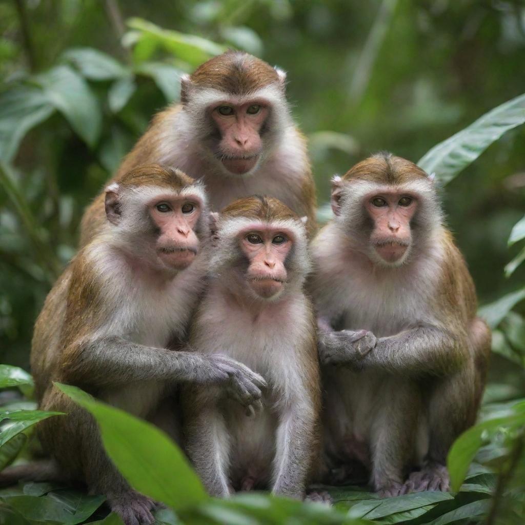 A troop of monkeys amusingly misbehaving, playing pranks on each other amidst tropical foliage